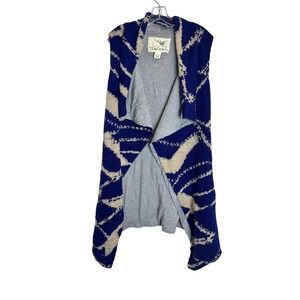 Tabitha Sweater Vest Womens Medium Blue Cream Wool Blend Open Front Boho Pockets